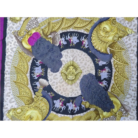 Hermes Gold and Purple Silk Scarf with Equestrian Design - Picture 2 of 11